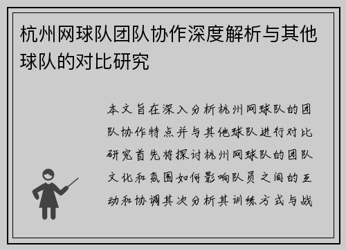 杭州网球队团队协作深度解析与其他球队的对比研究