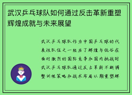 武汉乒乓球队如何通过反击革新重塑辉煌成就与未来展望