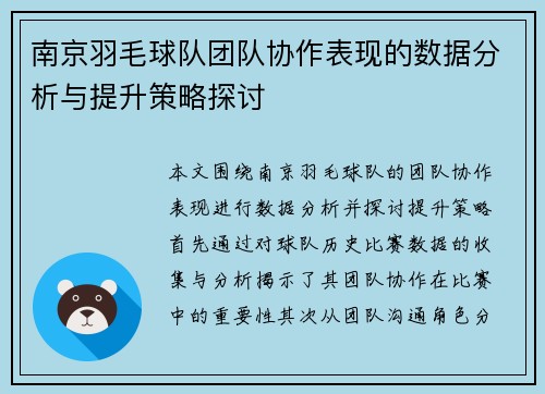 南京羽毛球队团队协作表现的数据分析与提升策略探讨