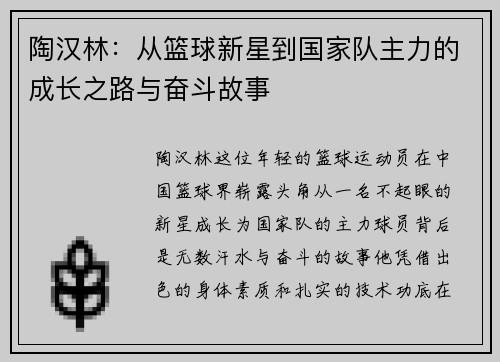 陶汉林：从篮球新星到国家队主力的成长之路与奋斗故事