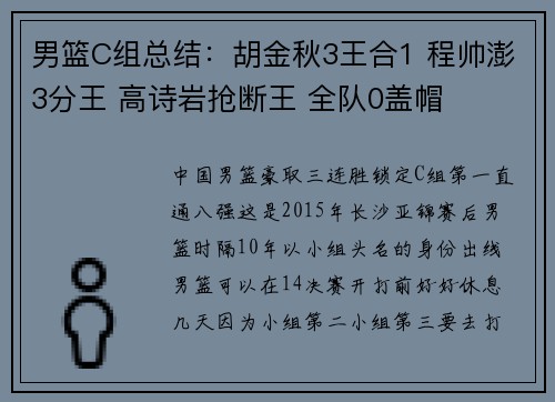 男篮C组总结：胡金秋3王合1 程帅澎3分王 高诗岩抢断王 全队0盖帽